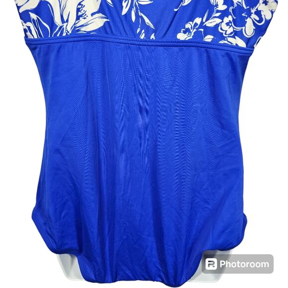 Gabar One Piece Swimsuit Royal Blue & Floral, V Neck with Ruffle Women's Size 14 - Picture 8 of 12